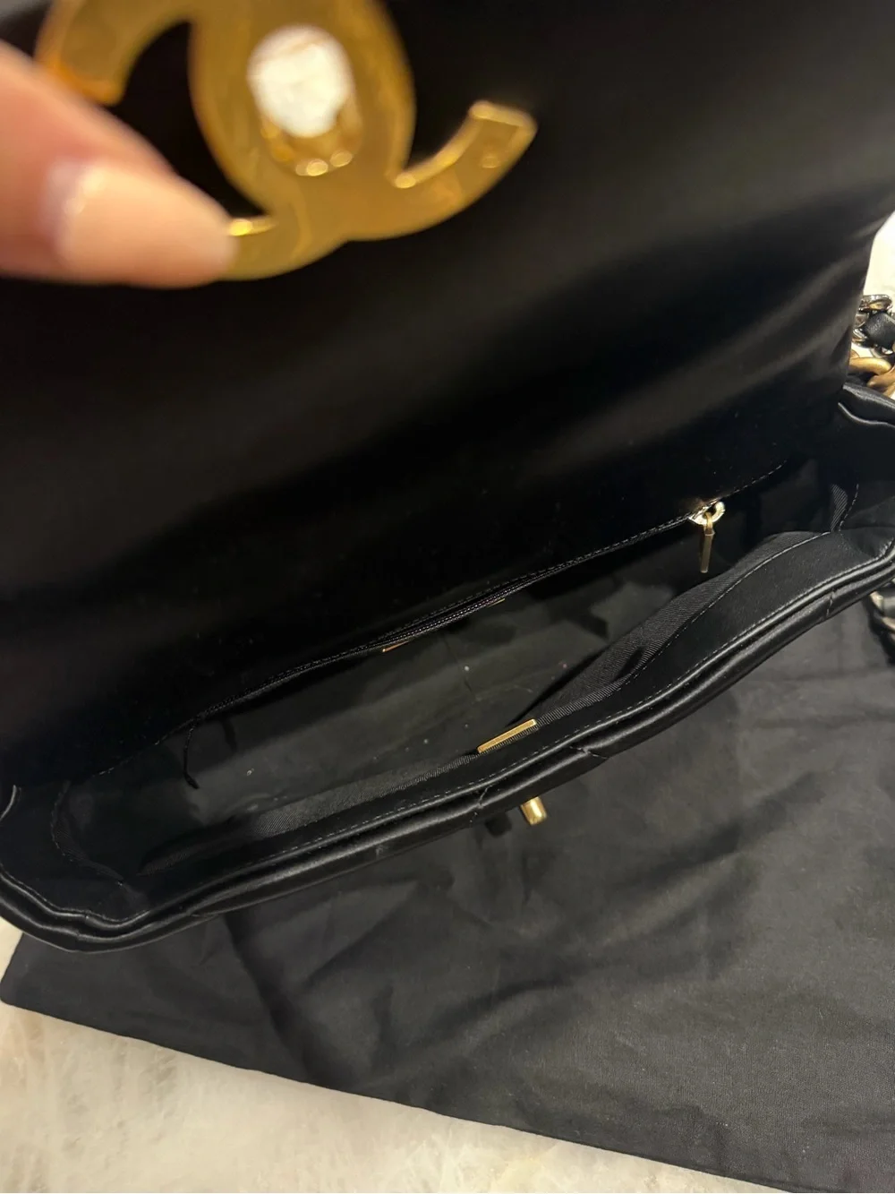 Chanel 19 - medium, satin Black, mixed hardware.
